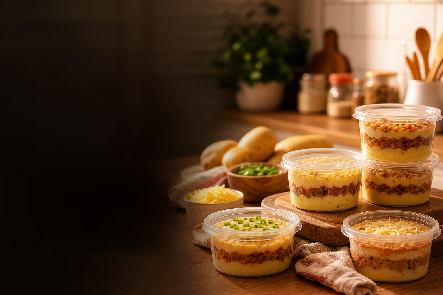 cozinha caseira organizada com ingredientes e potes de batata recheada prontos para venda